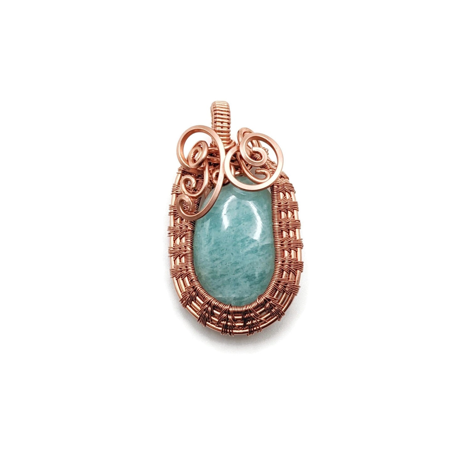 Bright blue Amazonite set in 99.9% copper with an Egyptian-like weave around it.