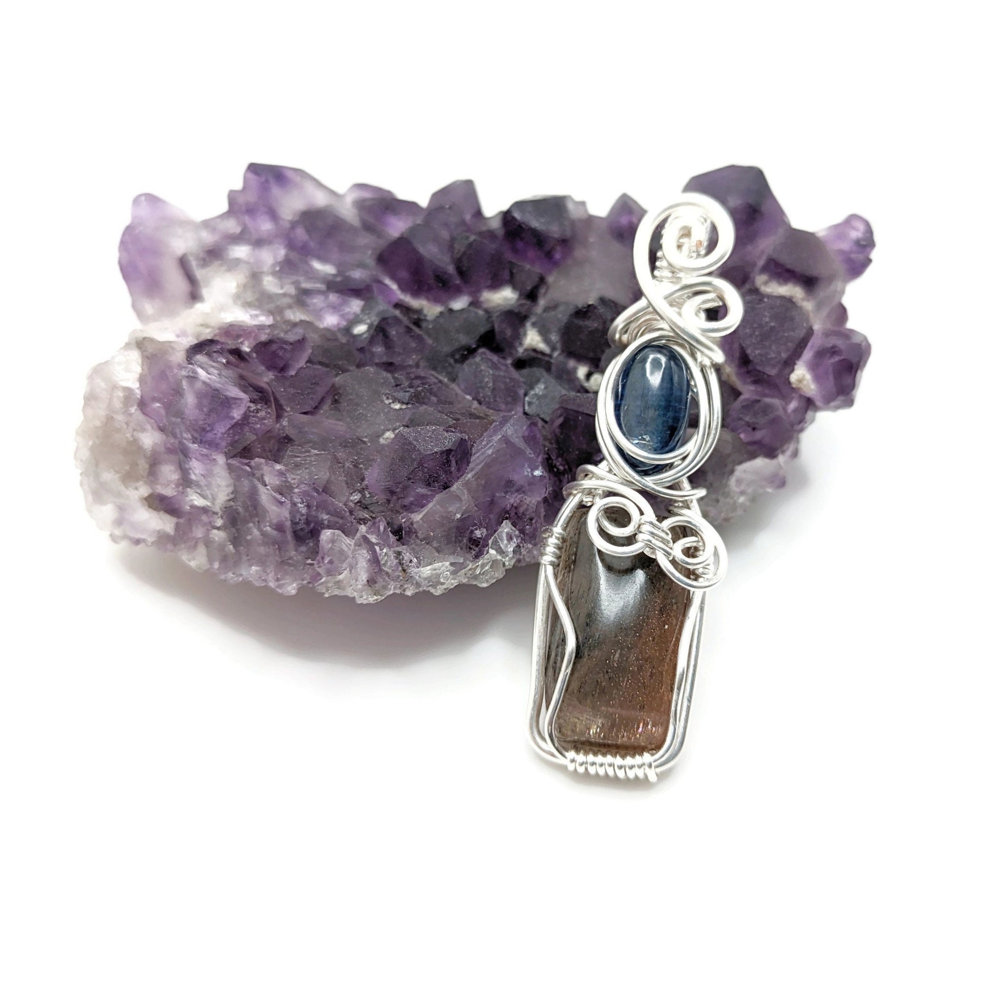 Sunstone and Kyanite Pendant in Silver, Silver Gemstone Jewelry Gift Idea, for Midsummer, for September Birthday