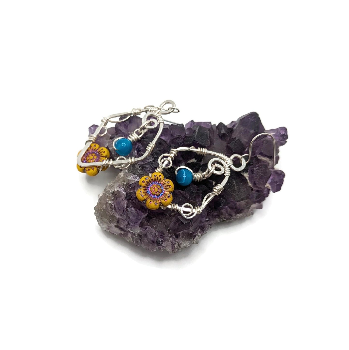 Blue and Yellow Sunflower Dangle Earrings, Silver Sunflower Dangle Drop Earrings, Statement Earrings, Summer Earrings, Summer Themed