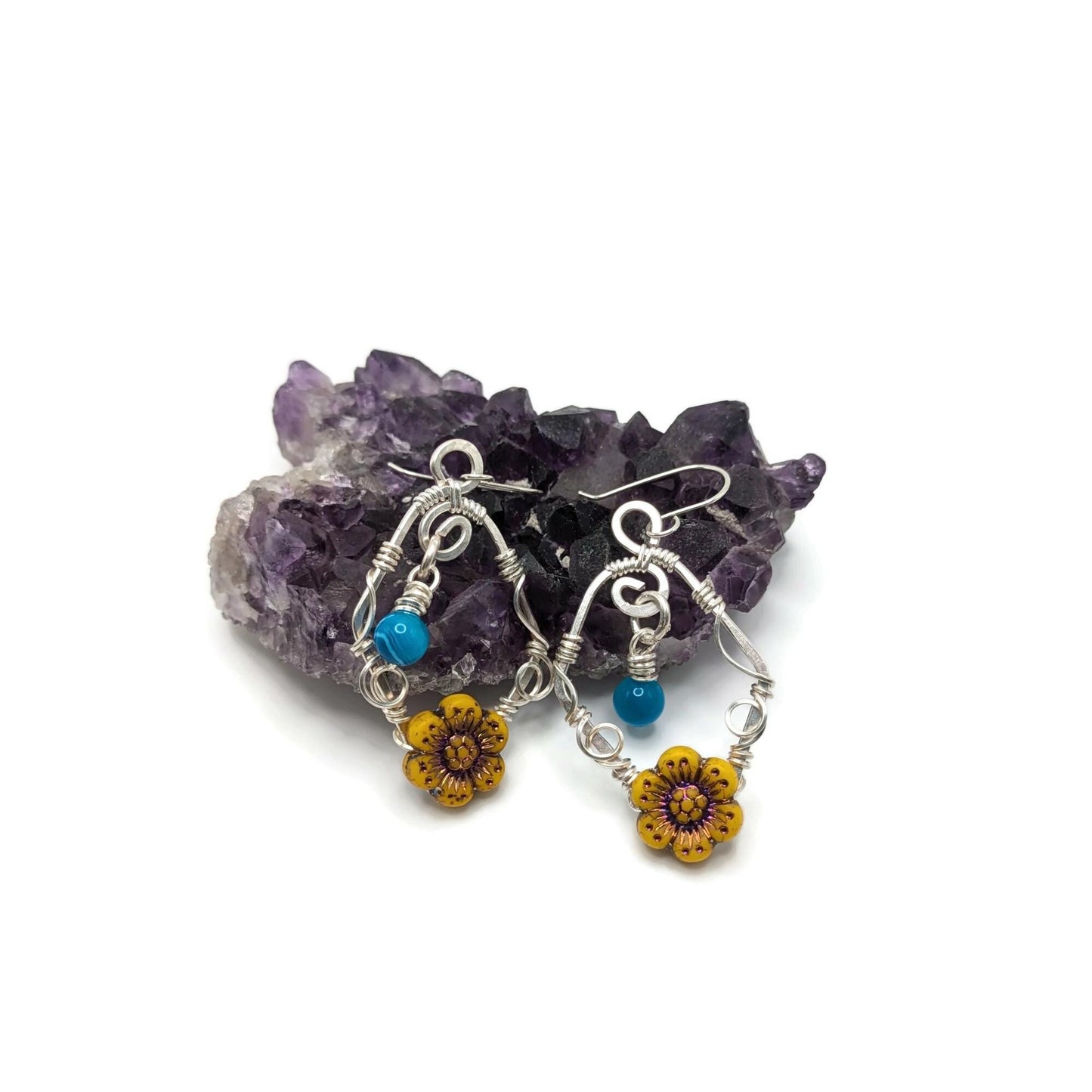 Blue and Yellow Sunflower Dangle Earrings, Silver Sunflower Dangle Drop Earrings, Statement Earrings, Summer Earrings, Summer Themed