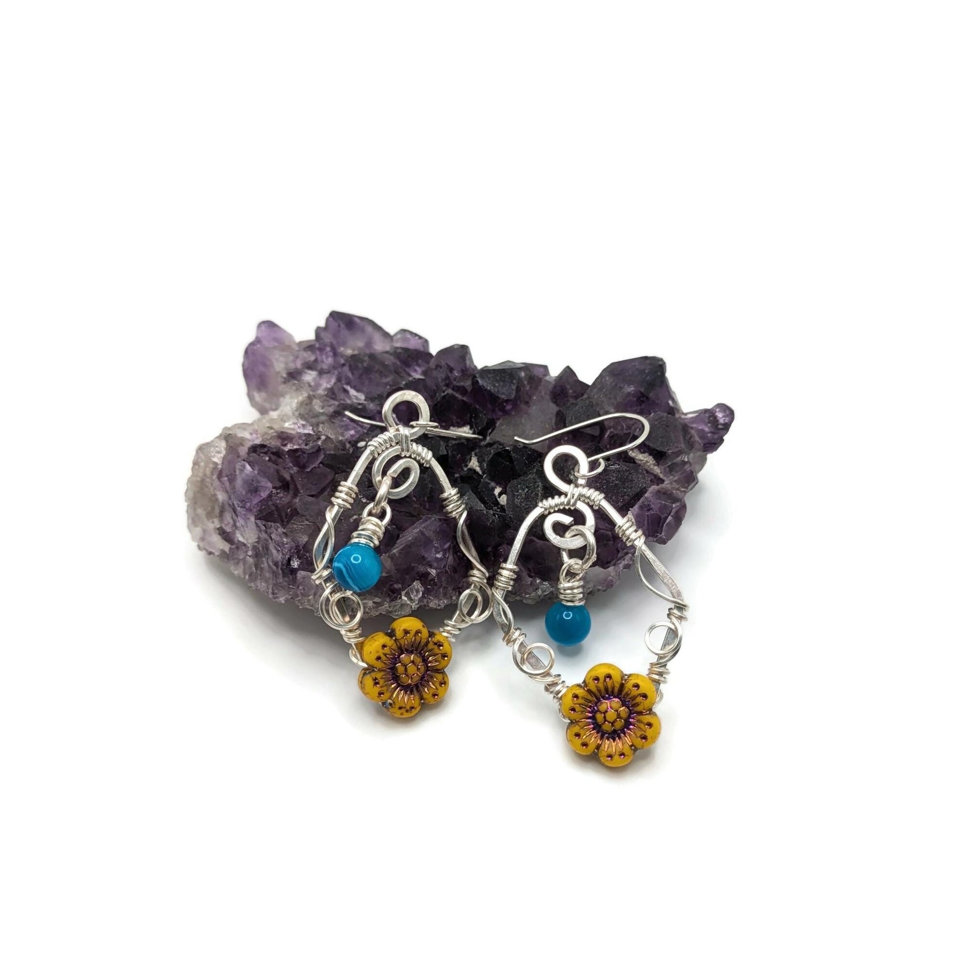 Blue and Yellow Sunflower Dangle Earrings, Silver Sunflower Dangle Drop Earrings, Statement Earrings, Summer Earrings, Summer Themed