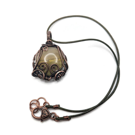 Green Agate Pendant Necklace, Leather cord necklace with Handmade Pendant, Cottagecore Necklace, Green Leather Jewelry Necklace