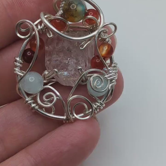 Herkimer Diamond Silver Pendant, Agate bead accent with fall colors, Fall Pendant Gift, for mom, ethically sourced stones from Herkimer NY