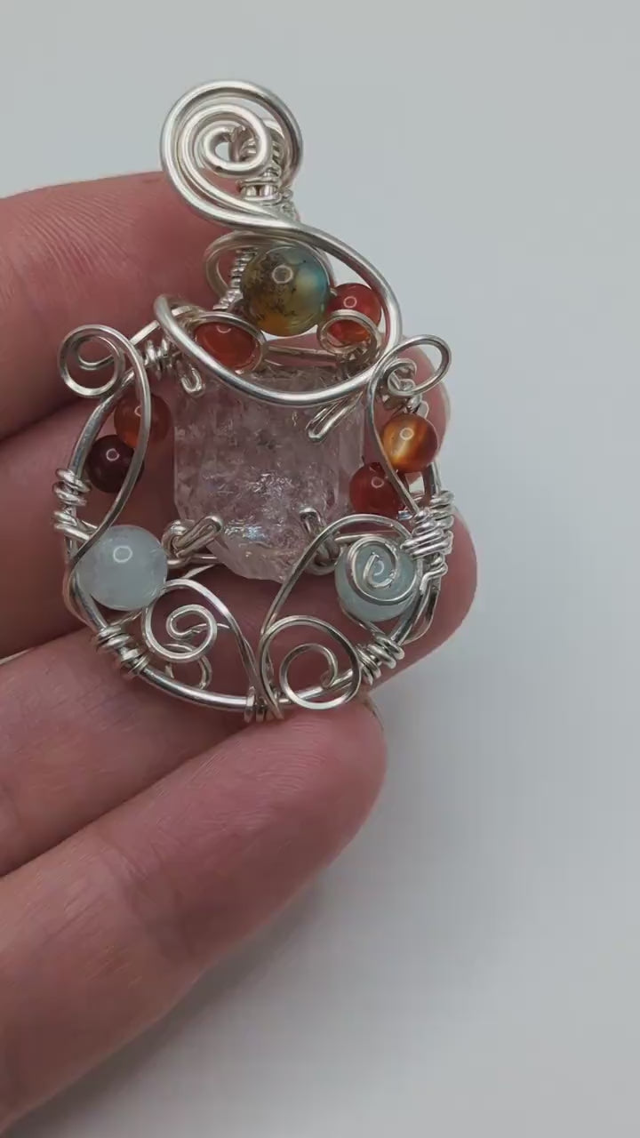 Herkimer Diamond Silver Pendant, Agate bead accent with fall colors, Fall Pendant Gift, for mom, ethically sourced stones from Herkimer NY