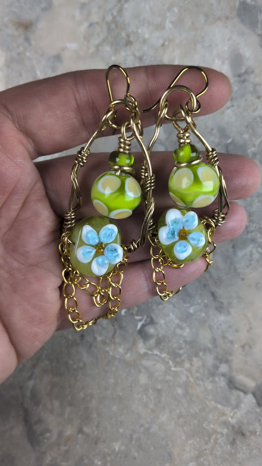Green Floral Lampwork Chain Earrings
