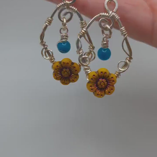 Blue and Yellow Sunflower Dangle Earrings, Silver Sunflower Dangle Drop Earrings, Statement Earrings, Summer Earrings, Summer Themed