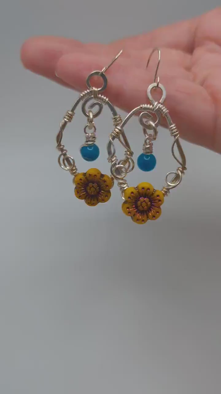 Blue and Yellow Sunflower Dangle Earrings, Silver Sunflower Dangle Drop Earrings, Statement Earrings, Summer Earrings, Summer Themed
