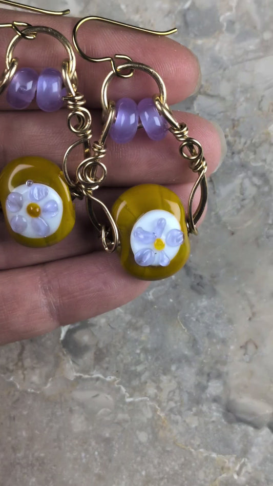 Lampwork Flower Earrings –  Mustard Yellow and Lavender