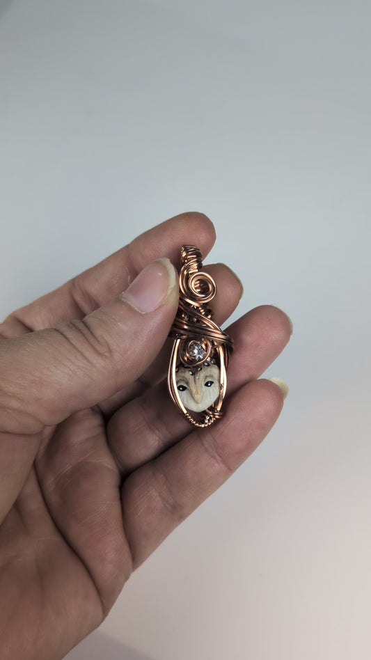 Micro Owl Pendant with White Topaz in Copper