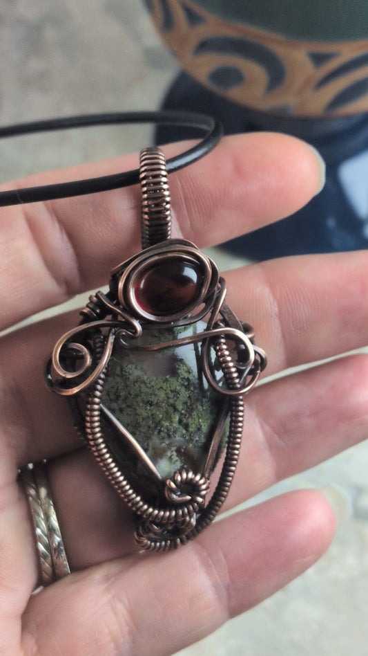Hidden Forest: Moss Agate & Garnet in Copper