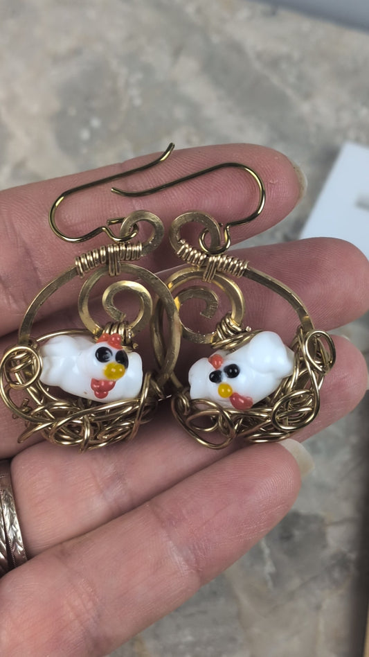 Nesting Chicken Earrings in Gold Brass