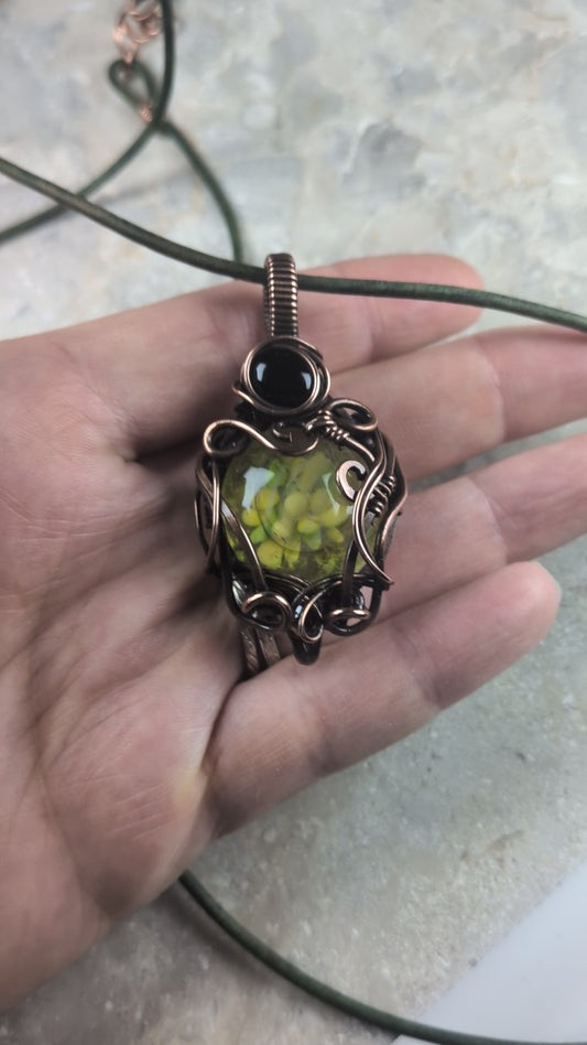 Hidden Spring Green Floral Lampwork Necklace in Copper with Onyx