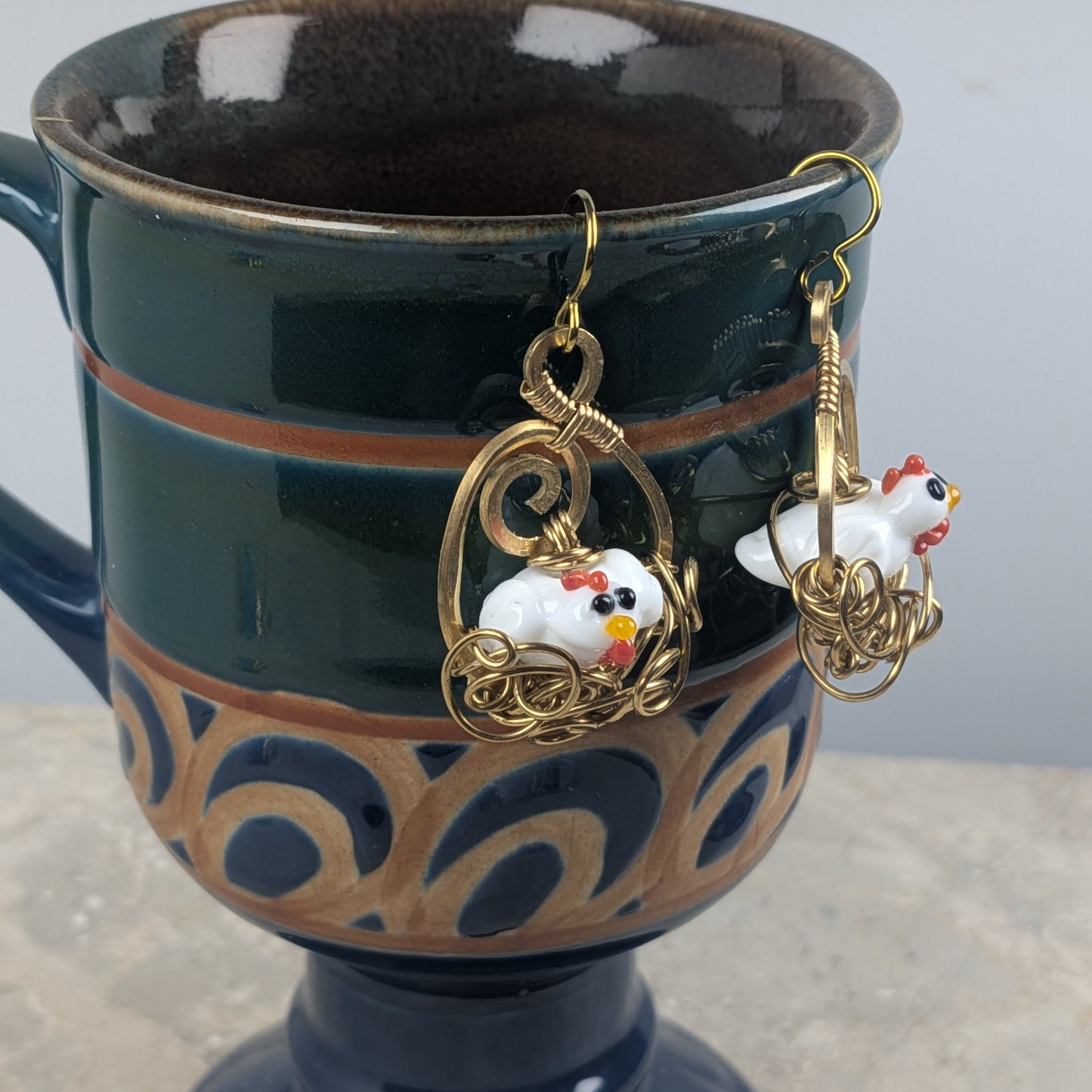 Nesting Chicken Earrings in Gold Brass