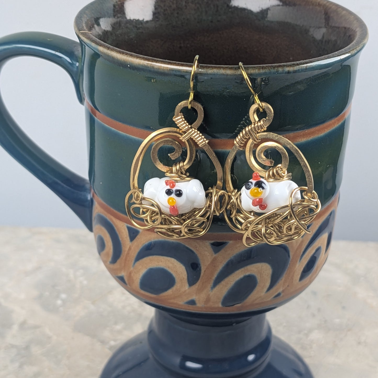 Nesting Chicken Earrings in Gold Brass