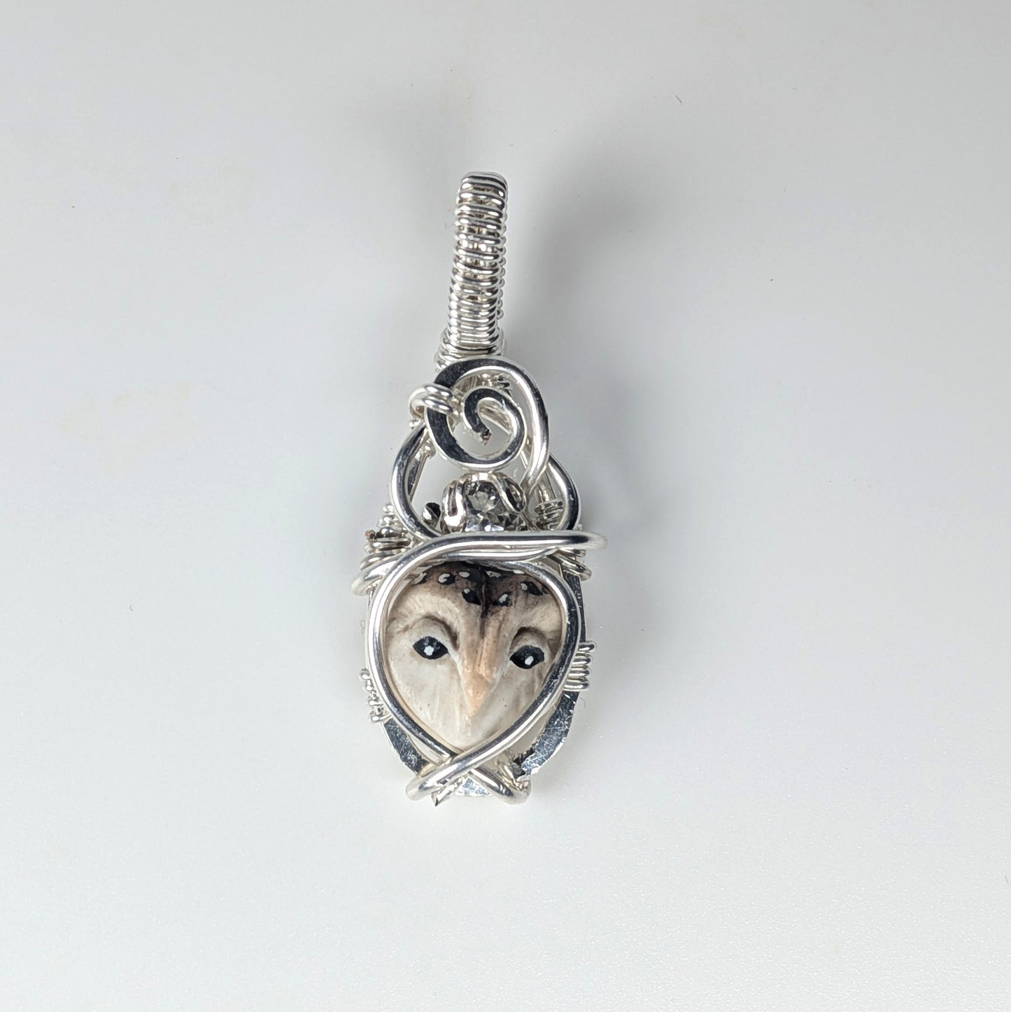 Micro Owl Pendant in Silver with White Topaz