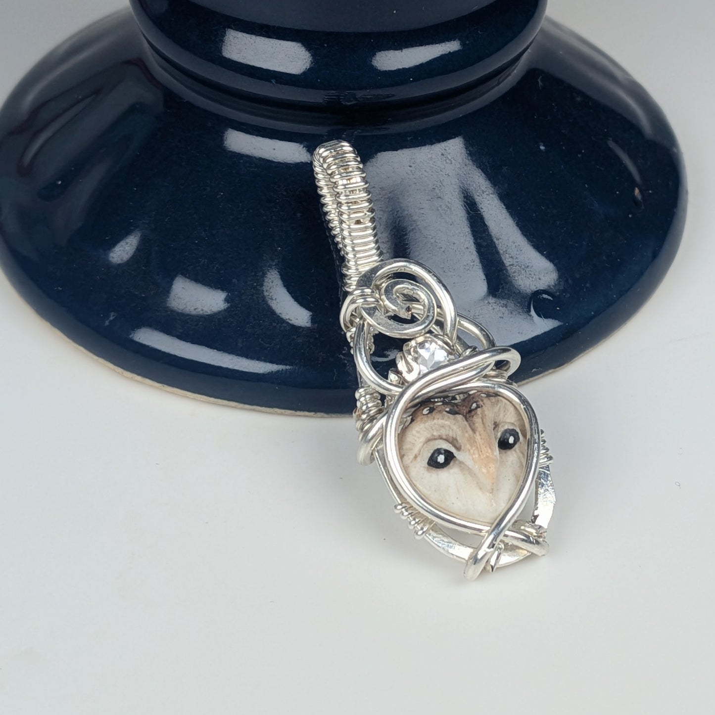Micro Owl Pendant in Silver with White Topaz