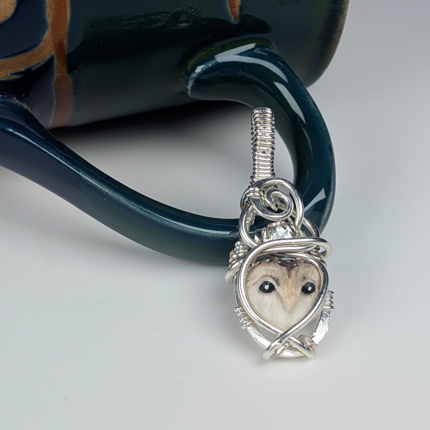 Micro Owl Pendant in Silver with White Topaz