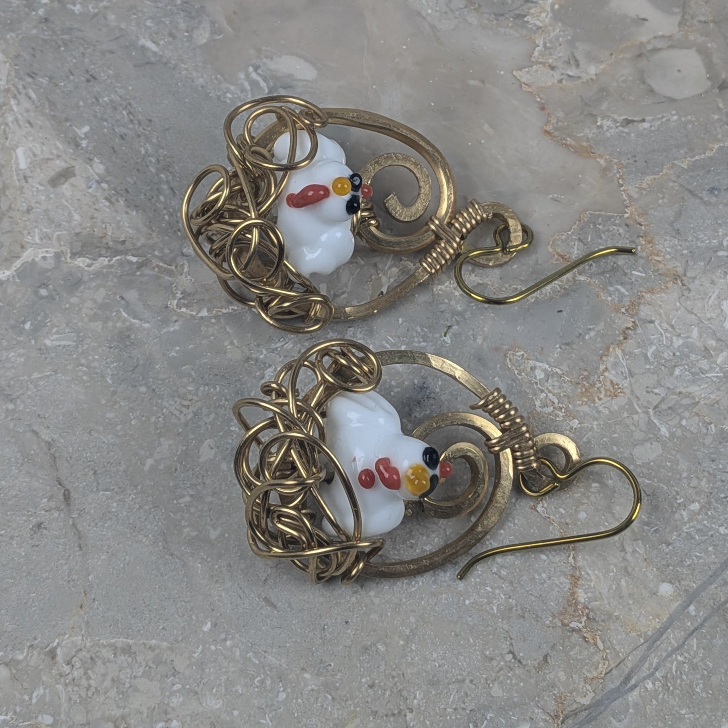 Nesting Chicken Earrings in Gold Brass