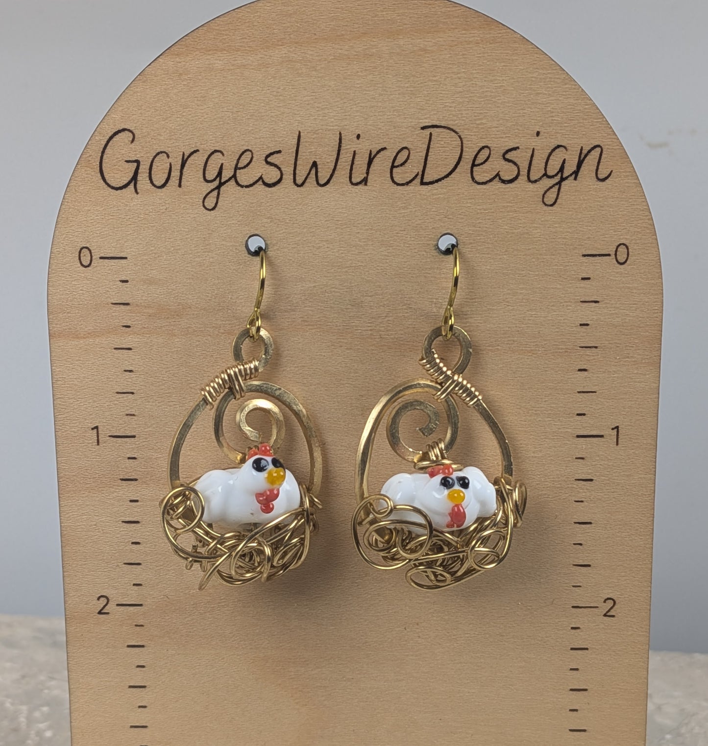 Nesting Chicken Earrings in Gold Brass