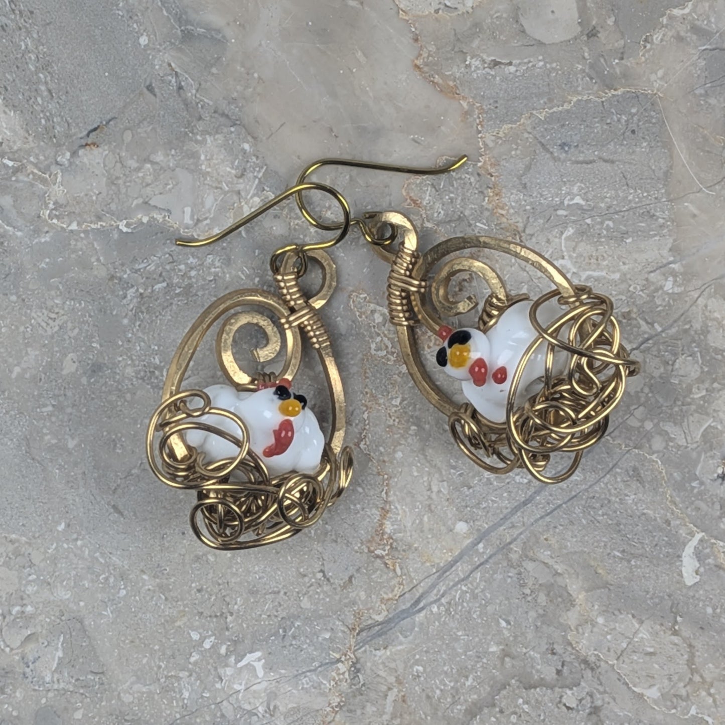 Nesting Chicken Earrings in Gold Brass