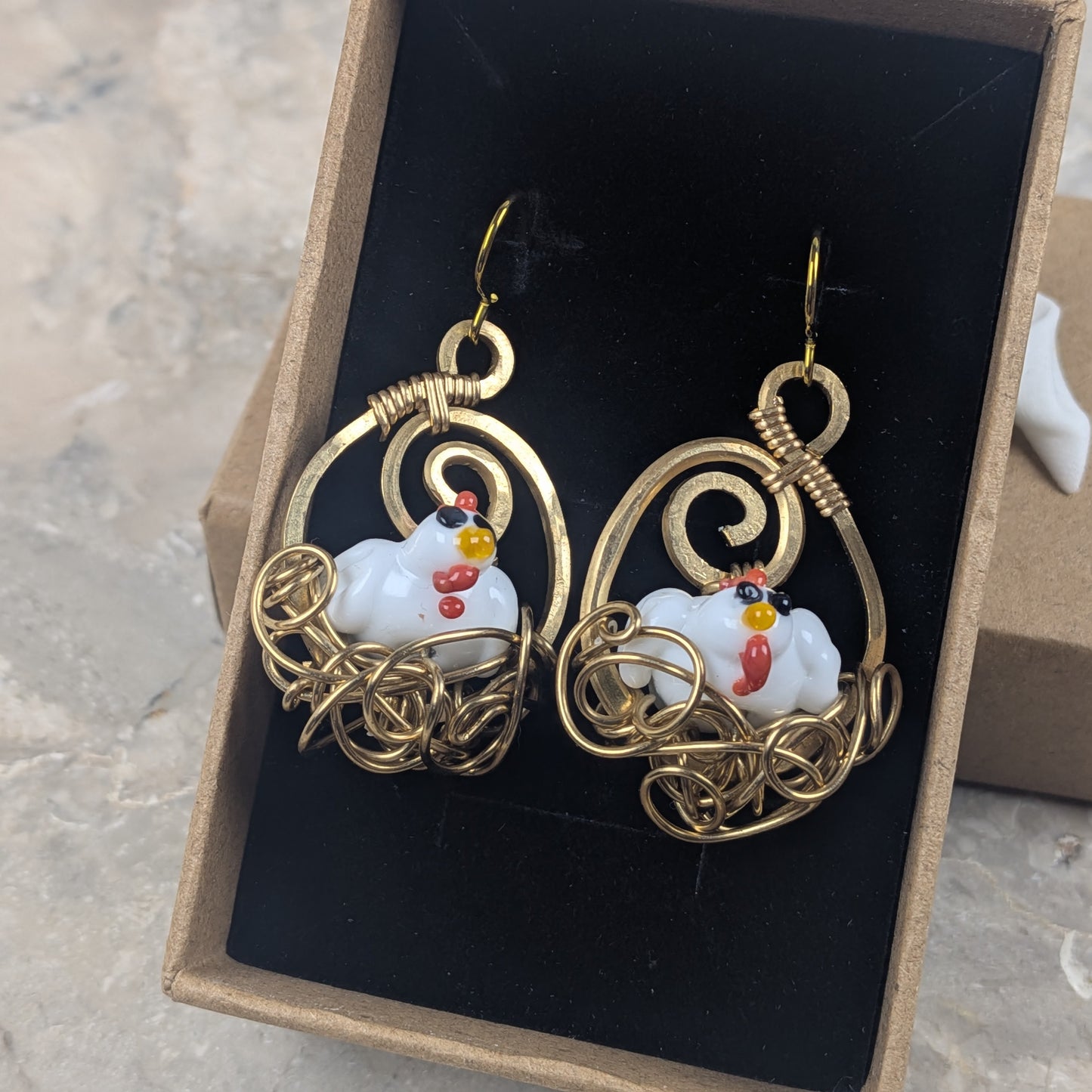 Nesting Chicken Earrings in Gold Brass