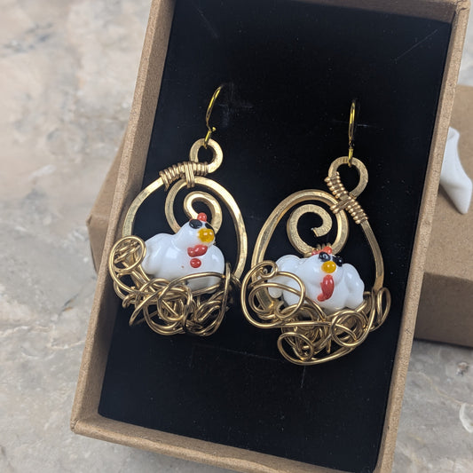 Nesting Chicken Earrings in Gold Brass